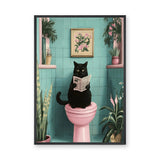 Black Cat Retro Wall Art Poster – Newspaper Reader in a Teal Bathroom