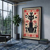 Black Cats Botanical Boho Wall Decor – Red Flower Folk Garden Print