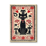 Black Cats Botanical Boho Wall Decor – Red Flower Folk Garden Print