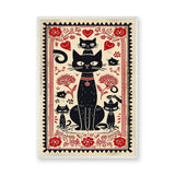 Black Cats Botanical Boho Wall Decor – Red Flower Folk Garden Print
