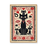 Black Cats Botanical Boho Wall Decor – Red Flower Folk Garden Print
