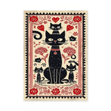 Black Cats Botanical Boho Wall Decor – Red Flower Folk Garden Print