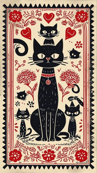 Black Cats Botanical Boho Wall Decor – Red Flower Folk Garden Print