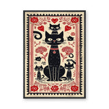 Black Cats Botanical Boho Wall Decor – Red Flower Folk Garden Print