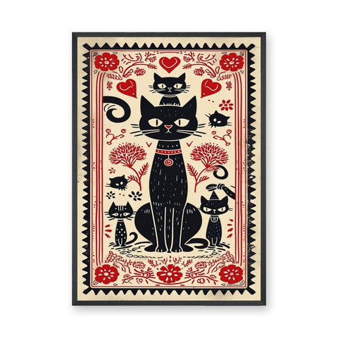 Black Cats Botanical Boho Wall Decor – Red Flower Folk Garden Print