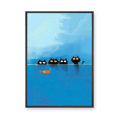 Black Cats Fish Modern Wall Decor – Playful Blue Water Illustration