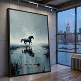 Black Horse Abstract Wall Art Poster – Textured Blue Gray Water Reflection