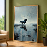 Black Horse Abstract Wall Art Poster – Textured Blue Gray Water Reflection