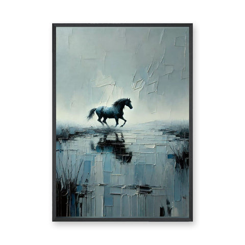 Black Horse Abstract Wall Art Poster – Textured Blue Gray Water Reflection