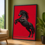 Black Horse Modern Wall Art Print – Rearing Horse on Bold Red Background