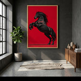 Black Horse Modern Wall Art Print – Rearing Horse on Bold Red Background