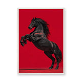 Black Horse Modern Wall Art Print – Rearing Horse on Bold Red Background