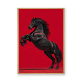 Black Horse Modern Wall Art Print – Rearing Horse on Bold Red Background