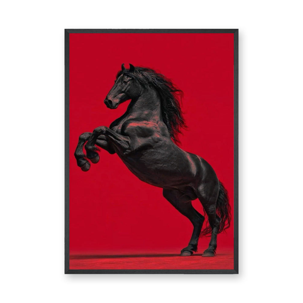 Black Horse Modern Wall Art Print – Rearing Horse on Bold Red Background