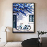 Blue Bicycle Coastal Wall Art Poster – Mediterranean Facade with Flowers