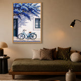 Blue Bicycle Coastal Wall Art Poster – Mediterranean Facade with Flowers