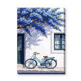 Blue Bicycle Coastal Wall Art Poster – Mediterranean Facade with Flowers