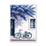 Blue Bicycle Coastal Wall Art Poster – Mediterranean Facade with Flowers