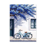 Blue Bicycle Coastal Wall Art Poster – Mediterranean Facade with Flowers