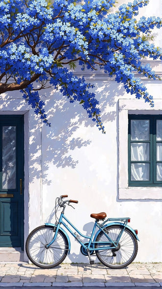 Blue Bicycle Coastal Wall Art Poster – Mediterranean Facade with Flowers