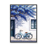 Blue Bicycle Coastal Wall Art Poster – Mediterranean Facade with Flowers