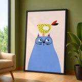 Blue Cat and Bird Kids Wall Art Print – Minimalist Nursery Animal Print