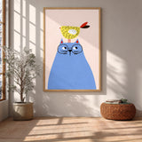 Blue Cat and Bird Kids Wall Art Print – Minimalist Nursery Animal Print