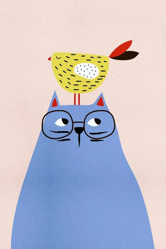 Blue Cat and Bird Kids Wall Art Print – Minimalist Nursery Animal Print