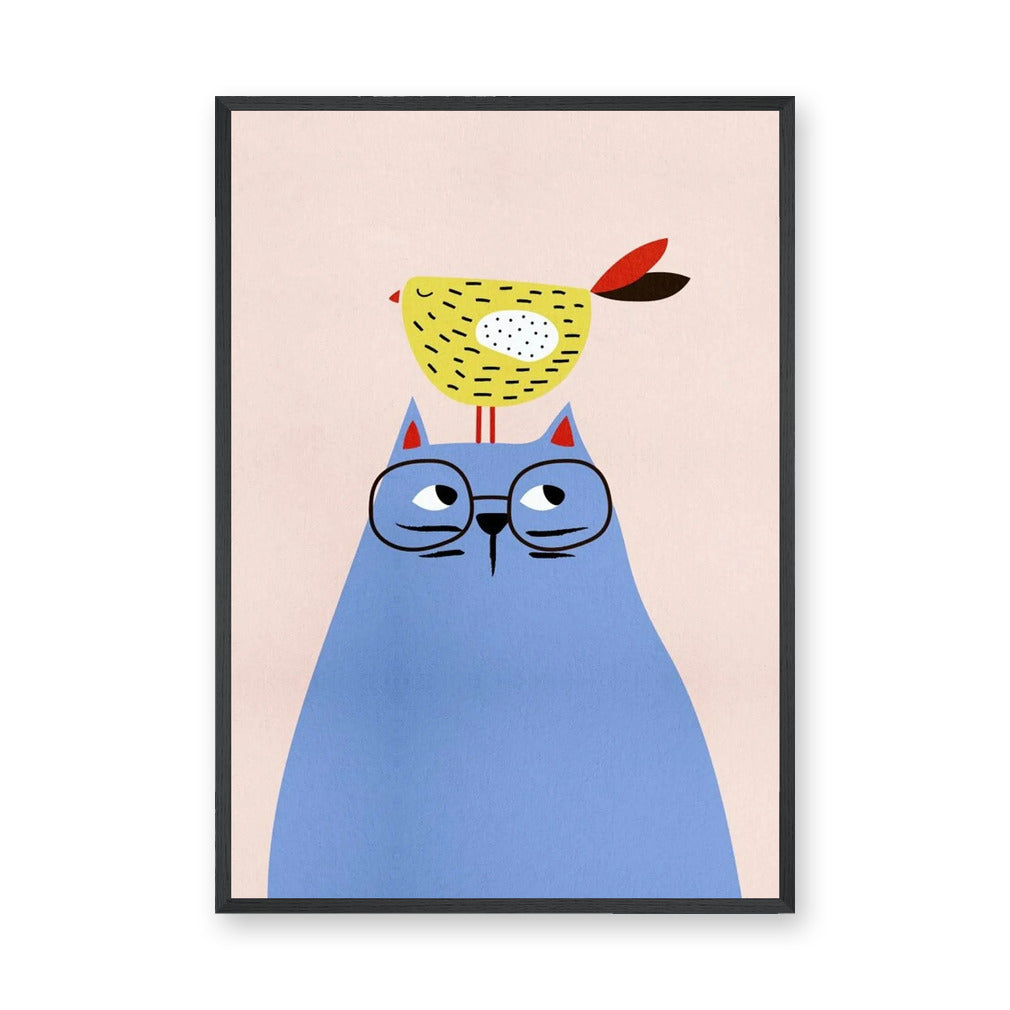 Blue Cat and Bird Kids Wall Art Print – Minimalist Nursery Animal Print