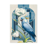 Blue Cockatoo Art Deco Wall Art Poster – Floral Stained-Glass Style Print