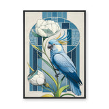 Blue Cockatoo Art Deco Wall Art Poster – Floral Stained-Glass Style Print