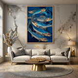 Blue Fish Coastal Wall Decor – Stylized Ocean Fish in Swirling Water