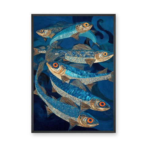 Blue Fish Coastal Wall Decor – Stylized Ocean Fish in Swirling Water