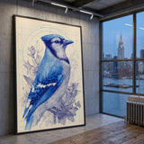 Blue Jay Botanical Traditional Wall Art Poster – Cream Floral Line Study