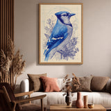 Blue Jay Botanical Traditional Wall Art Poster – Cream Floral Line Study