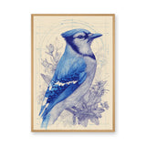 Blue Jay Botanical Traditional Wall Art Poster – Cream Floral Line Study