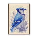 Blue Jay Botanical Traditional Wall Art Poster – Cream Floral Line Study