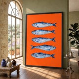 Blue Sardines Modern Wall Art Print – Bright Orange Coastal Fish Print
