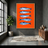 Blue Sardines Modern Wall Art Print – Bright Orange Coastal Fish Print