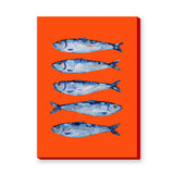 Blue Sardines Modern Wall Art Print – Bright Orange Coastal Fish Print