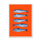 Blue Sardines Modern Wall Art Print – Bright Orange Coastal Fish Print