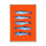 Blue Sardines Modern Wall Art Print – Bright Orange Coastal Fish Print