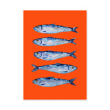 Blue Sardines Modern Wall Art Print – Bright Orange Coastal Fish Print