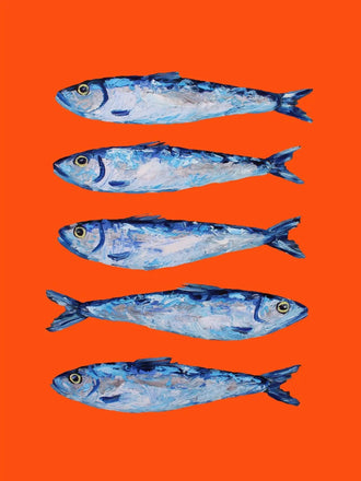 Blue Sardines Modern Wall Art Print – Bright Orange Coastal Fish Print