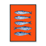 Blue Sardines Modern Wall Art Print – Bright Orange Coastal Fish Print