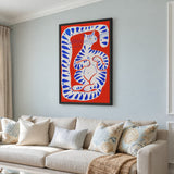 Blue Striped Cat Abstract Wall Art Poster – Playful Red Animal Print
