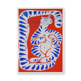 Blue Striped Cat Abstract Wall Art Poster – Playful Red Animal Print