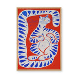 Blue Striped Cat Abstract Wall Art Poster – Playful Red Animal Print