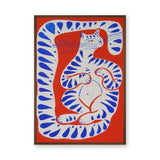 Blue Striped Cat Abstract Wall Art Poster – Playful Red Animal Print