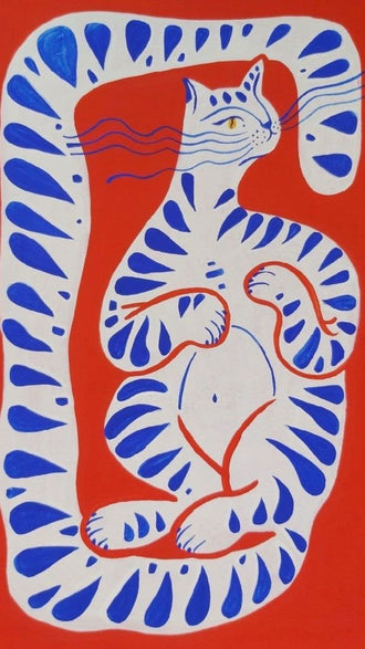 Blue Striped Cat Abstract Wall Art Poster – Playful Red Animal Print